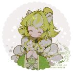  1girl animal_ears antenna_hair artist_name blush closed_eyes closed_mouth cup flower fur_trim green_hair green_kimono green_tea green_theme hair_bun hair_intakes heart heart_ornament highres holding holding_cup japanese_clothes kimono littlebluemuffin long_sidelocks multicolored_hair original short_hair sidelocks smile solo streaked_hair tea thick_eyebrows upper_body wavy_sidelocks white_background white_flower white_streaks yunomi 