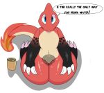  absurd_res anthro charmeleon claws english_text female fire flaming_tail genitals hi_res kingbeast looking_at_viewer nintendo nude pok&eacute;mon pok&eacute;mon_(species) pussy simple_background solo text video_games white_background 