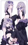  1girl absurdres black_gloves black_jacket black_shorts breasts castellayaki chest_jewel cleavage cleavage_cutout closed_mouth clothing_cutout commentary english_commentary eyewear_on_head gloves grey_hair half_gloves highres hololive hololive_english jacket jacket_partially_removed jewel_under_eye koseki_bijou long_hair looking_at_viewer median_furrow multiple_views paid_reward_available purple-tinted_eyewear purple_eyes round_eyewear shadow shorts simple_background small_breasts sunglasses tinted_eyewear twintails virtual_youtuber white_background 