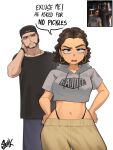  1boy 1girl absurdres beard black_shirt brown_eyes brown_hair brown_pants commentary earrings english_commentary english_text facial_hair game_screenshot_inset grand_theft_auto grand_theft_auto_vi grey_hoodie highres hood hoodie hoop_earrings jason_duval jewelry looking_at_viewer lucia_caminos midriff navel pants purple_pants screenshot_inset shirt short_hair simple_background sleak white_background 