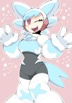  1girl absurdres armor arms_up black_bodysuit bodysuit boots breastplate breasts commentary covered_navel hair_over_one_eye helmet highres light_blush long_eyelashes medium_breasts mega_man:_dual_override mega_man_(classic) mega_man_(series) one_eye_closed open_hands open_mouth pikaeevee13 pink_background red_eyes robot_ears robot_girl smile solo thick_thighs thighs twinkle_girl two-tone_helmet white_armor white_helmet wide_hips winged_helmet 