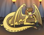 2026 3_fingers 3_toes 5:4 anthro armor big_breasts breasts brown_hair claws colored digital_drawing_(artwork) digital_media_(artwork) dragon dragon_wings duo extreme_size_difference feet female fingers hair heart_symbol hi_res inside jamearts jimmy_basil-lisk knight lair large_wings larger_anthro larger_female lips lizard long_tail looking_at_another male melee_weapon mythological_creature mythological_scalie mythology nervous pink_lips rebecca_torres reptile scalie signature size_difference smaller_anthro smaller_male spines squean sword tail thick_lips toes torch warrior weapon wings yellow_body