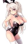  1girl absurdres alternate_costume animal_ear_hairband animal_ears black_leotard bow bowtie breasts brown_eyes commentary conte_di_cavour_(kancolle) detached_collar fake_animal_ears grey_bow grey_bowtie grey_hair hairband hand_on_own_hip highres hirune_(konekonelkk) kantai_collection large_breasts leotard playboy_bunny rabbit_ear_hairband rabbit_ears rabbit_tail simple_background solo standing strapless strapless_leotard tail thighhighs two_side_up white_background white_thighhighs wrist_cuffs 