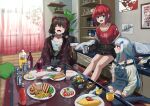  3girls :d absurdres alternate_costume ange_katrina animal_ears ankle_boots bare_shoulders bed bedroom bird black_jacket black_thighhighs blue_eyes blue_hair blush bookshelf boots bottle bowl breasts brown_hair brown_jacket brown_tail can caprese_salad cellphone character_name cheese chicken_(food) chopsticks closed_eyes closed_mouth clothes_writing colored_inner_hair commentary_request cup curtains cushion denim denim_skirt dog_ears dog_girl dog_hair_ornament dog_tail drink drink_can drinking_glass english_text erlenmeyer_flask fangs flask flower food french_fries fried_chicken glass_table gold_necklace grey_sweater hair_flower hair_intakes hair_ornament hanten_(clothes) highres holding holding_can holding_stuffed_toy indian_style indoors inui_toko inui_toko_(summer_casual) jacket japanese_clothes jewelry juice katsu_(food) ketchup_bottle lize_helesta long_hair long_sidelocks long_sleeves looking_at_another loungewear medium_hair monocle multicolored_hair multiple_girls necklace nijisanji nikujaga_(food) noeru off-shoulder_sweater off_shoulder omelet omurice on_bed on_floor open_mouth overall_skirt partially_open_jacket pendant_choker phone plant plastic_bottle plate poster_(object) potato_salad potted_plant print_jacket print_shirt purple_eyes rattle red_hair red_shirt rug sanbaka_(nijisanji) sebastian_piyodore shelf shirt shrimp shrimp_tempura sidelocks sitting skirt sleeves_past_wrists small_breasts smartphone smile socks spoon spring_roll stuffed_toy sweater t-shirt table tail tempura thighhighs tomato tomato_slice triangle_print two-tone_hair very_long_hair virtual_youtuber wariza white_hair white_socks window wooden_floor yellow_bird 