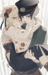  1boy 1girl :p akasaki_aimu alternate_costume bamboo bamboo_forest bishounen black_hair black_hakama black_hat black_kimono black_sash black_skirt black_sleeves blonde_hair blunt_ends brown_hakama carrying clothing_cutout commentary_request couple emblem eyeliner fingernails floral_print floral_print_kimono flower forest genshin_impact hair_flower hair_ornament hakama hand_on_another's_back hand_on_another's_thigh hands_on_another's_back hat heads_together hetero high-waist_skirt highres hip_vent interlocked_fingers japanese_clothes kimono layered_sleeves long_skirt looking_at_viewer lumine_(genshin_impact) makeup meiji_schoolgirl_uniform nature obi outdoors own_hands_together parted_lips peaked_cap pink_nails pleated_skirt princess_carry print_kimono purple_eyes red_eyeliner red_flower red_sash sash scaramouche_(genshin_impact) shirt short_hair short_hair_with_long_locks sidelocks skirt three-quarter_sleeves tongue tongue_out tsurime twitter_username undershirt white_background white_kimono white_mouth white_shirt white_sleeves wispy_bangs wolf_cut yellow_eyes 