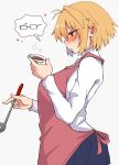  1girl absurdres antenna_hair apron arched_back arcueid_brunestud blonde_hair blush breasts commentary_request cooking ear_blush from_side glasses heart highres holding holding_ladle holding_plate ladle large_breasts maz_515 miniskirt pink_apron plaid_clothes plaid_skirt plate profile red_eyes short_hair simple_background single_hair_intake skirt solo speech_bubble sweat sweater tasting_plate thought_bubble tsukihime tsukihime_(remake) turtleneck turtleneck_sweater white_sweater 