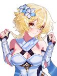  1girl alternate_hairstyle arm_armor ay_18kusanagi bare_shoulders black_gloves blonde_hair braid breasts cleavage closed_mouth commentary_request detached_sleeves dress genshin_impact gloves hair_between_eyes hands_up highres holding_own_hair large_breasts looking_at_viewer lumine_(genshin_impact) partially_fingerless_gloves short_hair_with_long_locks simple_background smile solo twin_braids upper_body white_background white_dress yellow_eyes 