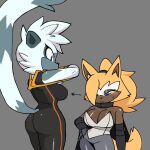  2girls alternate_breast_size_(larger) animal_ears animal_nose artist_request ass black_bodysuit blue_eyes blush bodysuit breasts brown_fur chest_fur cleavage clothes_lift commentary eyeshadow fang furry furry_female furry_with_furry grey_background grey_fur hair_tie highres large_breasts lemur_ears lemur_girl lemur_tail looking_at_another looking_at_breasts makeup multicolored_fur multiple_girls one_eye_covered purple_eyes shirt_lift simple_background sonic_(series) sonic_the_hedgehog_(idw) sweatdrop tail tangle_the_lemur untranslatable_commentary whisper_the_wolf wolf_ears wolf_girl wolf_tail yellow_fur yellow_tail yuri 