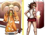  2girls absurdres angry blonde_hair blush bow brown_hair cat_hair_ornament clenched_hands danganronpa_(series) danganronpa_2:_goodbye_despair green_bow green_sash grey_eyes hair_ornament highres japanese_clothes kimono looking_at_viewer looking_back multiple_girls official_style orange_hair orange_kimono owari_akane punching_bag rancorart red_skirt saionji_hiyoko sandals sandbag sash shirt skirt tan twintails white_shirt 