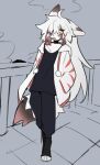 2024 ahoge anthro bangs bottomwear canid canine choker clothed clothing dipstick_tail eyelashes femboy fox fur hair hair_over_eye jewelry long_hair male mammal markings multicolored_body multicolored_fur multicolored_hair necklace open_clothing open_mouth open_topwear outside pants shirt shiyaa_stuff sketch solo tail tail_markings topwear walking yellow_eyes