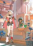  2girls blue_flower braid braided_hair_rings brown_hair closed_eyes commentary counter english_commentary fang flower genshin_impact goggles goggles_on_head green_eyes green_hair hair_rings highres indoors jahoda_(genshin_impact) multiple_girls nefer_(genshin_impact) open_mouth pointy_ears prosthesis prosthetic_arm shoes single_thighhigh speech_bubble spoken_expression sweatdrop thighhighs thought_bubble velkia 