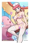  1girl 1other blue_eyes breasts censored chansey cropped_legs english_commentary grin hand_on_table hat highres lingerie looking_at_viewer nurse_cap nurse_joy open_mouth pink_hair pokemon pokemon_(anime) pokemon_(creature) pokemon_red/green/blue/yellow redjet smile star_(symbol) thighhighs underwear white_thighhighs 