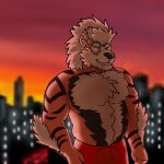  1:1 anthro arcanine belly canid canine canis chase_shinien city clothed clothing fur hair hi_res looking_at_viewer male mammal nintendo nude pecs pok&eacute;mon pok&eacute;mon_(species) smile solo sunset video_games 
