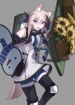  1girl :d absurdres animal_ear_fluff animal_ears arknights black_pantyhose blue_necktie blue_shorts brown_streaks cardigan_(arknights) commentary dog_ears dog_girl dog_tail dress dual_wielding english_commentary feet_out_of_frame flower genieko grey_background hair_between_eyes highres hinge holding holding_shield infection_monitor_(arknights) knee_pads looking_at_viewer multicolored_hair necktie open_mouth pantyhose pantyhose_under_shorts pink_hair purple_eyes shield shield_on_back shorts shorts_under_dress simple_background smile snowman solo streaked_hair sunflower tail white_dress 