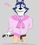  alpha_dad_(kipo) anthro belt belt_buckle bottomwear bow_tie claws clothing dreamworks fanarts genitals grin kipo_and_the_age_of_wonderbeasts male one_eye_closed penis pink_clothing pink_shirt pink_topwear sharp_claws sharp_teeth shirt shorts smile smiling_at_viewer solo sparkles sweater_scarf sweatshirt teeth text timealurt_(artist) topwear unbuttoned_shorts 