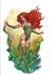  1girl 1gmizz batman_(series) breasts colored_pencil_(medium) commentary dc_comics english_commentary flower full_body gloves green_eyes green_gloves green_leotard highres ink large_breasts leotard long_hair marker_(medium) meghan_hetrick orange_hair pastel_(medium) plant plant_clothing poison_ivy scan signature solo traditional_media turning_head 