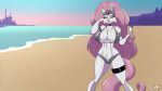 animal_humanoid beach bikini bikini_bottom bikini_top bucky_o'hare_(series) clothed clothing digital_drawing_(artwork) digital_media_(artwork) felid felid_humanoid feline feline_humanoid fur green_eyes hair hi_res humanoid mammal mammal_humanoid pink_hair science_fiction shaded_background shoreline stogiegoatarts swimwear two-piece_swimsuit white_body white_fur