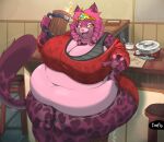 absurd_res alcohol bar_counter bar_stool beverage big_breasts braided_hair breasts chair clothed clothing container counter crown cup drunk felid feline female fur furniture hair headgear hi_res huge_breasts khajiit looking_at_viewer mammal microsoft mug obese on_chair overweight pink_body pink_fur pink_hair sitting sitting_on_chair stool substance_intoxication the_elder_scrolls toafloast yellow_eyes yellow_sclera