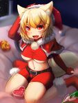  1girl alternate_costume alternate_hair_color animal_ears belt black_belt blonde_hair blush breasts christmas commentary_request dated elbow_gloves fang full_body fur-trimmed_headwear fur_trim gift gloves hat highres inubashiri_momiji large_breasts looking_at_viewer midriff navel open_mouth orange_eyes otomen_maru-no-uchi pom_pom_(clothes) red_gloves red_hat red_shirt red_shorts santa_costume santa_hat shirt short_hair shorts signature smile solo tail tongue touhou underboob wolf_ears wolf_girl wolf_tail 