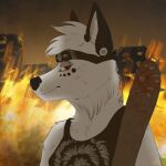  1:1 anthro bandanna blood bodily_fluids canid canine clothed clothing digital_media_(artwork) fire fur headshot_portrait hi_res kerchief looking_at_viewer male mammal portrait samuelwolfo solo three-quarter_portrait weapon 