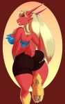 2018 anthro avian big_breasts big_butt blaziken blue_clothing blue_topwear bottomwear breasts butt clothing digital_media_(artwork) female fur generation_3_pokemon hair hi_res looking_at_viewer micki nintendo non-mammal_breasts pokemon pokemon_(species) red_body red_fur shorts simple_background smile solo thick_thighs tight_bottomwear tight_clothing tight_shorts topwear