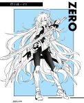  1girl absurdres armor blue_background bodysuit character_name duel_monster full_body greyscale_with_colored_background hair_between_eyes hair_ornament highres holding holding_sword holding_weapon long_hair looking_at_viewer shikiruru sky_striker_ace_=_zero solo standing sword twitter_username very_long_hair weapon yu-gi-oh! 