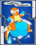 2026 3_toes 4_fingers absurd_res ambiguous_gender anthro big_diaper black_border blue_clothing blue_diaper blue_fire blue_gloves blue_handwear blush blush_lines border cape charmander claws clean_diaper clenched_teeth clothed clothing coal_the_charmander colored_fire conjoined_speech_bubble dialogue diaper diaper_puff dotted_background english_text eyes_closed fangs feet finger_claws fingers fire flaming_tail forced generation_1_pokemon gloves groping_diaper hand_on_diaper handwear hi_res huge_diaper laugh motion_lines multicolored_body nintendo offscreen_character orange_body pattern_background pokemon pokemon_(species) robotic_arm simple_background solo speech_bubble struggling tail teeth tenerius text toe_claws toes touching_diaper two_tone_body wearing_diaper white_cape white_claws white_clothing white_mask white_toe_claws yellow_body