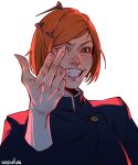  1girl absurdres artist_name bad_id bad_twitter_id brown_eyes brown_hair buttons clenched_teeth cropped_jacket gakuran heart highres jujutsu_kaisen jujutsu_tech_uniform kugisaki_nobara long_sleeves nail_(hardware) one_eye_covered school_uniform short_hair smile solo teeth valentina_tavolilla 
