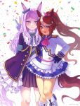  2girls animal_ears aqua_bow ascot asymmetrical_gloves black_gloves black_jacket black_skirt blue_eyes blush boots bow bowtie brown_hair coat commentary cowboy_shot dafterdayart ear_bow ear_ribbon epaulettes flat_chest frilled_coat frills gloves hand_on_own_hip highres horse_ears horse_girl horse_tail jacket long_hair long_sleeves looking_at_viewer mejiro_mcqueen_(frontline_elegance)_(umamusume) mejiro_mcqueen_(umamusume) mismatched_gloves multicolored_hair multiple_girls pink_ascot pleated_skirt ponytail purple_eyes purple_hair skirt smile standing streaked_hair tail tokai_teio_(peak_joy)_(umamusume) tokai_teio_(umamusume) umamusume v white_boots white_gloves white_jacket white_skirt 