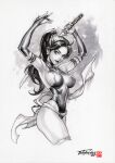  1girl breasts bridal_gauntlets claylim8831 commentary english_commentary greyscale highleg highleg_leotard highres holding holding_sword holding_weapon katana large_breasts leotard long_hair marker_(medium) marvel monochrome ponytail psylocke sash scan simple_background solo sword torn_clothes torn_leotard traditional_media waist_sash weapon x-men 