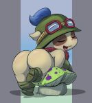  2021 anthro bent_over boots butt butt_focus clothing eyes_closed eyewear footwear fungus gloves goggles green_clothing green_hat green_headwear handwear hat headgear headwear league_of_legends lkiws male mushroom open_mouth riot_games simple_background solo teemo_(lol) tongue video_games yordle 