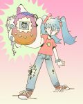  1girl :d ^_^ blue_hair blush casual closed_eyes commentary denim earrings english_commentary hatsune_miku highres holding_virtual_pet jeans jewelry kuchipatchi pants pink_background print_shirt radiogeist red_shoes shirt shoes smile sneakers solo star_(symbol) star_earrings t-shirt tamagotchi tamagotchi_(creature) tamagotchi_(virtual_pet) third-party_source toon_(style) torn_clothes torn_jeans torn_pants twintails untied_shoelaces virtual_pet_(toy) vocaloid 