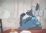 2d_animation animated animated_gif anthro beverage biped black_nose breasts candy canid canine chair clothed clothed_anthro clothed_female clothing colored container cup dessert everly_(discreet_user) eyewear female female_anthro food fox frame_by_frame fully_clothed fully_clothed_anthro fully_clothed_female fur furniture glass glasses green_eyes grey_body grey_fur hair ice ice_cube lollipop looking_at_viewer mammal narrowed_eyes paper pen pose shirt short_playtime sitting solo table text thegunchert topwear tuft wearing_glasses white_body white_fur white_hair white_sclera