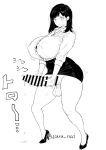  1girl bar_censor black_hair breasts censored closed_mouth collared_shirt commentary_request covered_nipples dress_shirt erection full_body futanari futanari_masturbation high_heels highres huge_breasts huge_penis large_testicles long_sleeves masturbation medium_hair office_lady original pencil_skirt penis precum precum_drip shirt skirt solo standing testicles thick_thighs thighs two-handed_masturbation wara_nai 