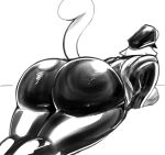  2018 big_butt black_and_white butt clothing digital_drawing_(artwork) digital_media_(artwork) domestic_cat ears_down felid feline felis female greyscale hat headgear headwear hi_res lilly_(vimhomeless) lying mammal monochrome on_front on_ground pivoted_ears raised_tail rear_view rubber rubber_clothing simple_background sketch sketch_background solo thick_thighs vimhomeless 