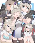  1girl aa-12 aa-12_(candy_wrapper_story)_(girls'_frontline) aa-12_(girls'_frontline) absurdres blue_eyes breasts camera character_request cleavage closed_eyes closed_mouth commander_(girls'_frontline) commentary_request elmo_dormitory_outfit girls'_frontline girls'_frontline_2:_exilium girls'_frontline_neural_cloud grey_hair gun hair_ornament hat highres holding holding_camera jacket large_breasts lind_(girls'_frontline_2) lind_(neural_cloud) looking_at_viewer medium_hair multiple_forms multiple_persona open_mouth shirt shotgun smile wan3051 weapon 