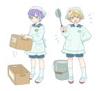  2boys :d aged_down apron aqua_streaks blonde_hair blue_sailor_collar blue_shorts bucket child closed_mouth commentary full_body hand_on_own_hip headscarf highres holding holding_crate holding_ladle kamishiro_rui kappougi ladle long_sleeves looking_at_viewer milk multicolored_hair multiple_boys notice_lines open_mouth orange_eyes project_sekai puffy_long_sleeves puffy_sleeves purple_hair sailor_collar school_uniform shoes short_hair shorts simple_background smile socks streaked_hair tan3sl4 tenma_tsukasa untranslatable_commentary uwabaki white_apron white_background white_socks yellow_eyes 