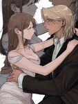  1boy 1girl ace_attorney adam's_apple alternate_breast_size_(larger) alternate_hairstyle amikoiiko apollo_justice:_ace_attorney black_jacket black_pants blonde_hair blush breasts brown_hair cleavage closed_mouth collared_shirt dark-skinned_male dark_skin dress ema_skye eye_contact fingernails from_side green_eyes gyaruo hair_down hand_on_another's_waist highres jacket klavier_gavin lapels long_hair long_sleeves looking_at_another mismatched_eyebrows pants shirt simple_background sitting suit_jacket tuxedo upper_body white_background white_dress white_shirt zoom_layer 