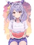  1girl absurdres animal_ears blue_shorts blush breasts brown_eyes closed_mouth commentary_request ear_covers floral_print_shorts food fruit gaze_on_me!_outfit_(umamusume) grey_hair highres hishi_miracle_(umamusume) holding holding_food holding_fruit horse_ears horse_girl looking_at_viewer male_swimwear medium_hair shirt short_sleeves shorts solo swim_trunks tsurubami_(gaad5227) umamusume watermelon white_shirt 