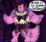 ambiguous_gender anthro crown danganronpa dark_body dark_fur dlnan0 eyelashes felid fire fur hands_on_hips headgear junko_enoshima majex_(pal) mammal open_mouth open_smile pal_(species) palworld pocketpair purple_body purple_fur smile solo speech_bubble spike_chunsoft