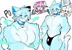 2026 abs anthro big_muscles big_pecs blue_body blue_eyes blue_fur blue_hair blush bulge camelot_(baronflint) clothed clothing collar colored digital_drawing_(artwork) digital_media_(artwork) dipstick_tail domestic_cat english_text felid feline felis female fingers flat_colors fur group hair hi_res male mammal markings muscular muscular_male pecs shiyaa_stuff shocked simple_background solo_focus tail tail_markings text thong thong_only topless underwear underwear_only white_background