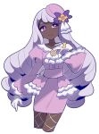  1girl absurdres ascot breasts closed_mouth dark-skinned_female dark_skin dress fishnet_pantyhose fishnets frilled_ascot frills glove_bow gloves highres jacinthe_(pokemon) long_hair long_sleeves looking_at_viewer low_drills mega_stone pantyhose pokemon pokemon_legends:_z-a puffy_sleeves purple_dress purple_eyes purple_hair shocho_(shaojiujiu) smile solo very_dark_skin white_gloves 