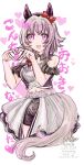  1girl absurdres animal_ears black_hairband black_shorts blush bow breasts clothing_cutout commentary_request curren_chan_(umamusume) ear_bow ear_covers four-finger_heart_hands grey_hair grey_overskirt hair_between_eyes hairband heart heart_hands highres horse_ears horse_girl horse_tail ikaokura_umaaji looking_at_viewer meni_shuki_rush-sshu! open_mouth paint_chat_(medium) pink_nails purple_eyes red_bow shirt short_hair shorts shoulder_cutout smile solo tail umamusume 
