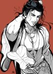  1boy abs all_wishes_come_true! anderain arm_behind_head artist_name bara beard black_hair chinese_clothes closed_mouth coat collarbone commentary_request cowboy_shot eyelashes facial_hair greyscale_with_colored_background hair_bun hair_ornament half_updo hand_fan hand_in_own_hair hand_up hanfu highres jewelry large_pectorals leaf_belt leaf_fan leaf_hair_ornament leaf_ornament long_hair looking_at_viewer male_focus mature_male monochrome muscular muscular_male mustache_stubble necklace one_eye_closed open_clothes open_coat pectoral_cleavage pectorals red_background robe sash simple_background single_hair_bun sleepy solo stubble upper_body wide_sleeves zhongli_quan_(all_wishes_come_true!) 