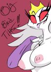  absurd_res anthro aptom7747 avian beak bird crown demon dialogue female fur helluva_boss hi_res mature_anthro mature_female nipples open_mouth open_smile smile solo stella_(helluva_boss) tongue white_body white_fur 