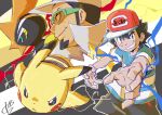  2boys ash_ketchum baseball_cap black_hair blue_shirt brown_eyes closed_mouth commentary_request dark-skinned_male dark_skin electricity facial_hair goatee green-framed_eyewear grin hair_between_eyes hat highres multiple_boys official_artist_extra pikachu pokemon pokemon_(anime) pokemon_(creature) pokemon_the_series:_sun_&amp;_moon professor_kukui red_hat shirt short_hair short_sleeves signature smile striped_clothes striped_shirt sunglasses t-shirt tapu_koko teeth tinted_eyewear white_hat yasuda_shuuhei z-move_trainer_pose 
