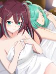  2girls ahoge akoya_matama anemo_nemo aqua_eyes aqua_hair aqua_streaks bed_sheet bedroom breasts brown_hair closed_eyes collarbone commentary_request desk_lamp highres lamp long_hair looking_at_viewer mahou_shoujo_ni_akogarete modoki2023 multicolored_hair multiple_girls naked_sheet on_bed parted_lips short_hair sleeping small_breasts streaked_hair twintails yuri zzz 
