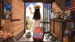  1girl absurdres aged_up american_flag bird black_hair book chicken diva_(hyxpk) dress duck english_commentary fish fish_tank flower from_behind goldfish hat highres long_hair nintendo_switch_2 original painting_(object) photo_(object) piggy_bank stuffed_animal stuffed_bird stuffed_eagle stuffed_toy suitcase sunflower vase white_dress 