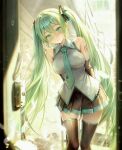  1girl absurdres aqua_eyes aqua_hair aqua_necktie arm_tattoo arms_behind_back birthday black_skirt black_sleeves black_thighhighs blush boots breasts chinese_commentary closed_mouth collared_shirt commentary_request detached_sleeves falling_feathers feathers grey_shirt hair_between_eyes hair_intakes hair_ornament hatsune_miku highres long_hair miniskirt necktie number_tattoo partial_commentary pleated_skirt shirt skirt sleeveless sleeveless_shirt smile solo tattoo thigh_boots thighhighs thighs twintails very_long_hair vocaloid yuye zettai_ryouiki 