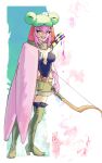  1girl absurdres animal_hood black_leotard boutsoftheblind bow_(weapon) breasts cleavage fingerless_gloves froggyloch_(vtuber) full_body gloves green_shorts highres hood indie_virtual_youtuber leotard looking_at_viewer open_mouth paintbrush pink_hair shorts simple_background solo standing virtual_youtuber weapon yellow_eyes 
